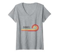 Femme I Love Daniel Prénom personnalisé rétro Coucher de Soleil T-Shirt avec Col en V