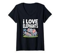 Femme I Love Elephants Adorable Famille Eau Fun T-Shirt avec Col en V