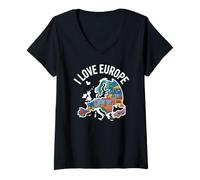Femme I Love Europe Carte des monuments européens T-Shirt avec Col en V