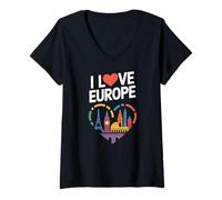 Femme I Love Europe Iconic Landmarks Cœur T-Shirt avec Col en V