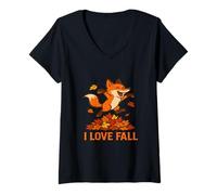 Femme I Love Fall Fox - Animal d'automne Mignon T-Shirt avec Col en V