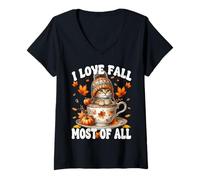 Femme I Love Fall Most of All Kitten Mom Graphic for Cat Grandma T-Shirt avec Col en V