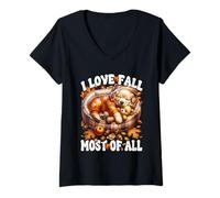 Femme I Love Fall Most of All Puppy Graphic with Golden Retriever T-Shirt avec Col en V