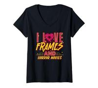 Femme I Love Frames and Horror Movies Photographie Fan de Film Effrayant T-Shirt avec Col en V