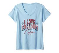 Femme I Love Freedom & Coffee, Patriotic Coffee Lover, États-Unis T-Shirt avec Col en V