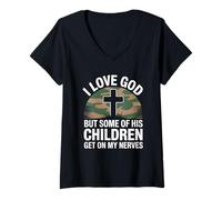 Femme I Love God But Some of His Children Get on My Nerves Funny T-Shirt avec Col en V