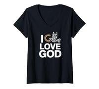 Femme I Love God Dove Sun Expression spirituelle T-Shirt avec Col en V