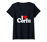 Femme I Love Heart CORFU GRÈCE ÎLES Grecques Mer Ionienne T-Shirt avec Col en V