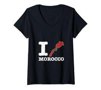 Femme I Love (Heart) Maroc Carte Drapeau Silhouette T-Shirt avec Col en V