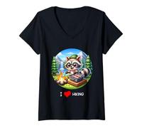 Femme I Love Hiking Raccoon BBQ Nature Camping Outdoor T-Shirt avec Col en V