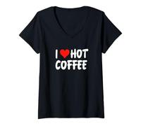 Femme I Love Hot Coffee - Café au Lait Expresso Amusant en Forme de cœur T-Shirt avec Col en V