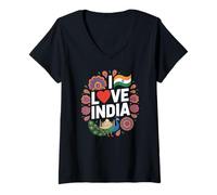 Femme I Love India Drapeau en forme de cœur Motif paon Taj Mahal T-Shirt avec Col en V