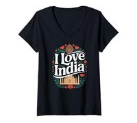 Femme I Love India Taj Mahal Art floral Inde T-Shirt avec Col en V