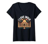 Femme I Love India Taj Mahal Art floral T-Shirt avec Col en V