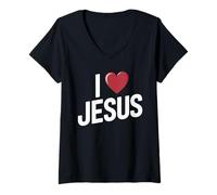 Femme I Love Jesus Message Fort Chrétien Religion Foi T-Shirt avec Col en V