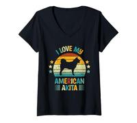 Femme I Love My American Akita Silhouette de Chien rétro Vintage T-Shirt avec Col en V