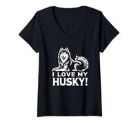 Femme I LOVE MY HUSKY! - Sibériens, Sibes, Huskies - Pet Dog T-Shirt avec Col en V