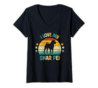 Femme I Love My Shar-Pei Silhouette de Chien rétro Vintage T-Shirt avec Col en V