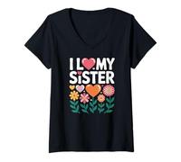 Femme I Love My Sister Cœur Fleurs T-Shirt avec Col en V