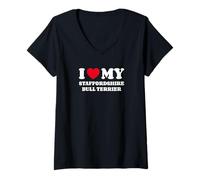 Femme I Love My Staffordshire Bull Terrier Chien Coeur Amour T-Shirt avec Col en V