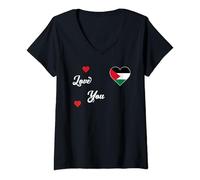Femme I Love Palestine avec drapeau palestien dans un cœur T-Shirt avec Col en V