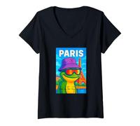 Femme I Love Paris, Cool Paris Green Frog Cartoon Illustration T-Shirt avec Col en V