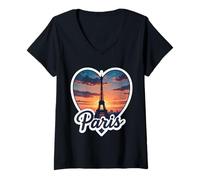 Femme I Love Paris Cœur Tour Eiffel Vintage Coucher de Soleil Souvenir T-Shirt avec Col en V