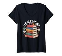 Femme I Love Reading Book Stack Athusiast T-Shirt avec Col en V