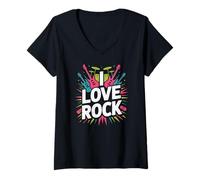Femme I Love Rock Vibrant Guitare Tambour T-Shirt avec Col en V