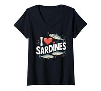 Femme I Love Sardines Cadeaux pour Les Amateurs de Poisson en Conserve T-Shirt avec Col en V