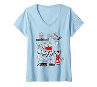 Femme I Love Spain, Cool Spain Map with Traditional Style Doodles T-Shirt avec Col en V