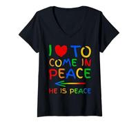 Femme I Love To Come In Peace He Is Peace Funny Matching Couple T-Shirt avec Col en V