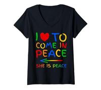 Femme I Love To Come In Peace She Is Peace Funny Matching Couple T-Shirt avec Col en V