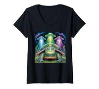 Femme I Love Turtles Sea Selfie avec des OVNIS extraterrestres Tortue bizarre T-Shirt avec Col en V
