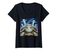 Femme I Love Turtles Sea Selfie avec des OVNIS extraterrestres Tortue bizarre T-Shirt avec Col en V