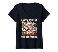 Femme I Love Winter Sayings for Kitten Lover Cute Christmas Cat T-Shirt avec Col en V