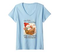 Femme I’m Fine This is Fine Snowman Just Having A Meltdown T-Shirt avec Col en V