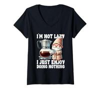 Femme I`m Not Lazy I Just Enjoy Doing Nothing Funny Coffee Gnome T-Shirt avec Col en V