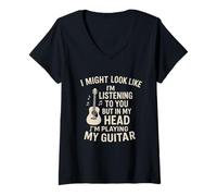Femme I Might Look Like I'm Listening Funny Guitar Musician Rock T-Shirt avec Col en V