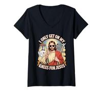 Femme I Only Get on My Knees for Jesus Unwearable Aduld Humor T-Shirt avec Col en V