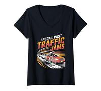 Femme I Pedal Past Traffic Embouteillages Vélo T-Shirt avec Col en V