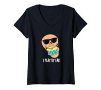 Femme I Play by Ear Funny Drummer Pun T-Shirt avec Col en V