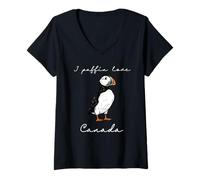 Femme I Puffin Love Canada Drôle Art Oiseau de Rivage Souvenir T-Shirt avec Col en V