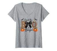 Femme I Put The Boo in Boujee Mignon Halloween Fantôme Citrouille Léopard T-Shirt avec Col en V