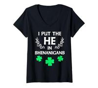 Femme I Put the He in Shenanigans Funny St Patrick's Day T-Shirt avec Col en V