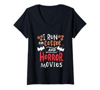 Femme I Run on Coffee and Horror Movies T-Shirt avec Col en V