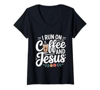 Femme I Run on Coffee and Jesus T-Shirt avec Col en V