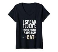 Femme I Speak Fluent Movie Citations Sarcasm Cat Funny Cat Owner T-Shirt avec Col en V