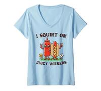 Femme I Squirt on Juicy Wieners Hotdog Ketchup Femmes Inappropriées T-Shirt avec Col en V