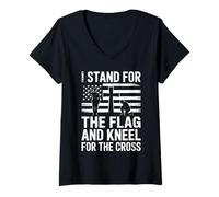 Femme I Stand for The Flag and Kneel for The Cross Patriotes Foi T-Shirt avec Col en V